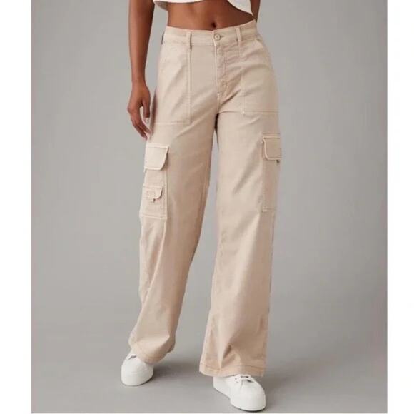 NWT American Eagle Beige Super High Rise Baggy Wide Leg Pants Women's 2 - Picture 1 of 12
